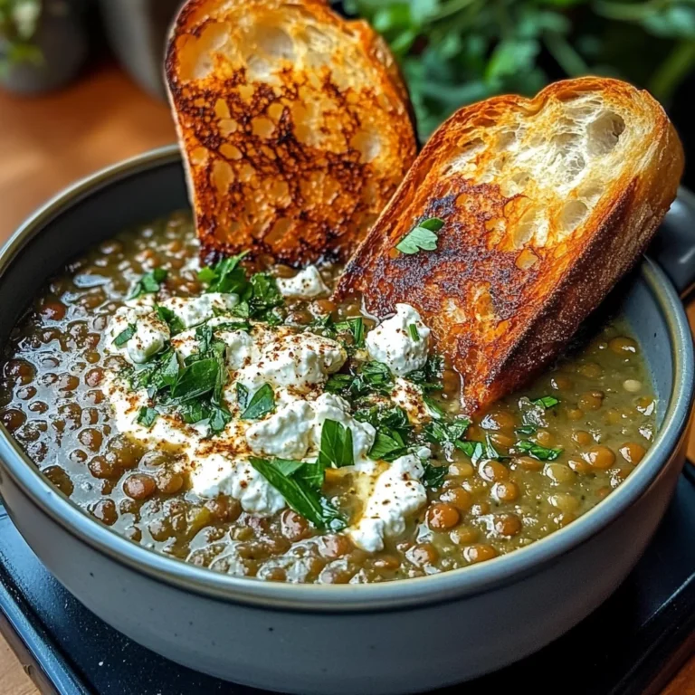 French Lentil Soup with Crispy Bread and Feta