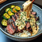 Grilled Steak Bowl with Creamy Sauce & Grilled Zucchini
