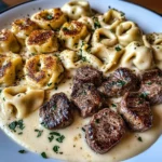 Three-Cheese Tortellini Alfredo with Sautéed Garlic Steak Bites