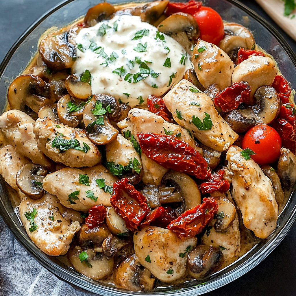 Tuscan Garlic Chicken Stir-Fry with Sun-Dried Tomato Mushroom Cream