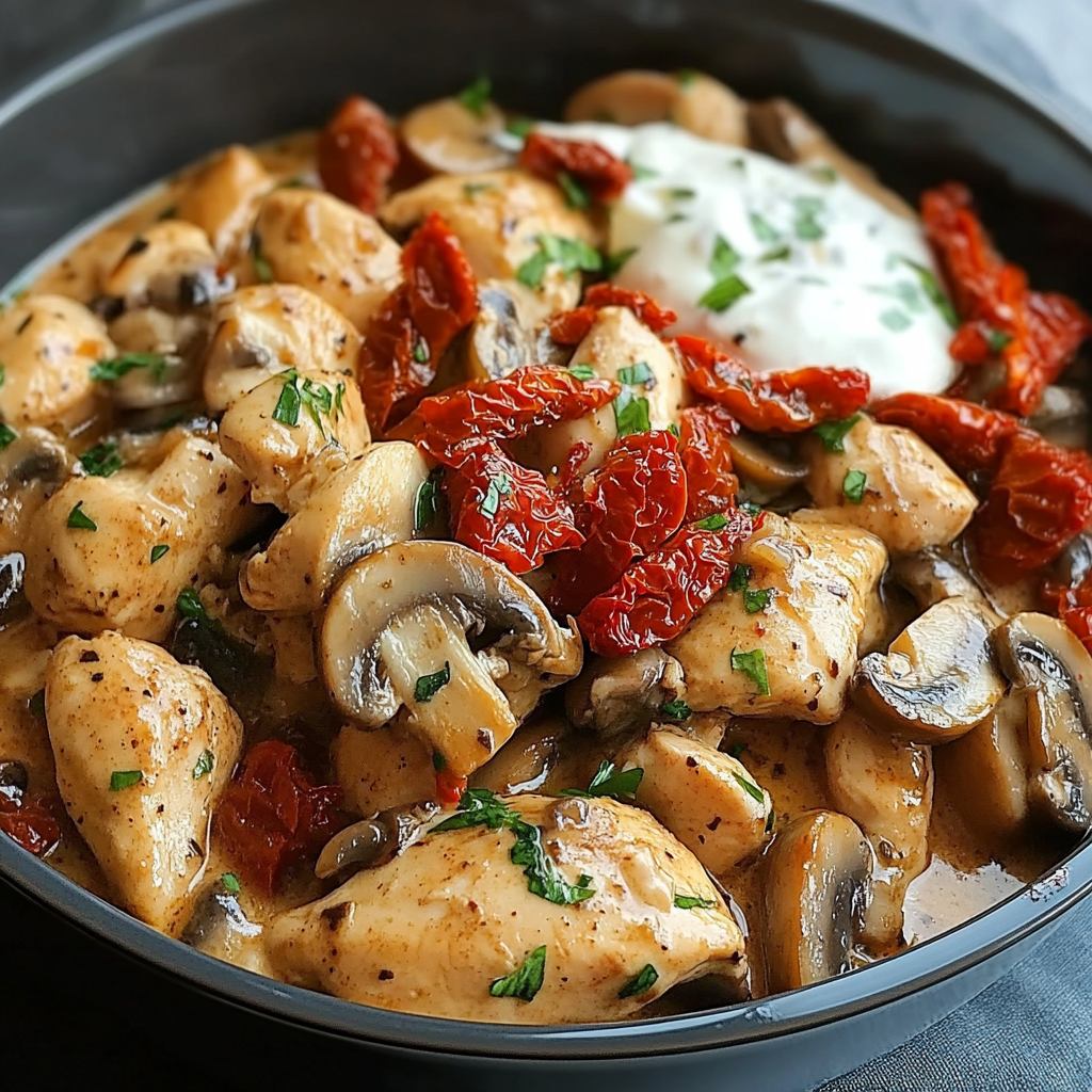 Tuscan Garlic Chicken Stir-Fry with Sun-Dried Tomato Mushroom Cream