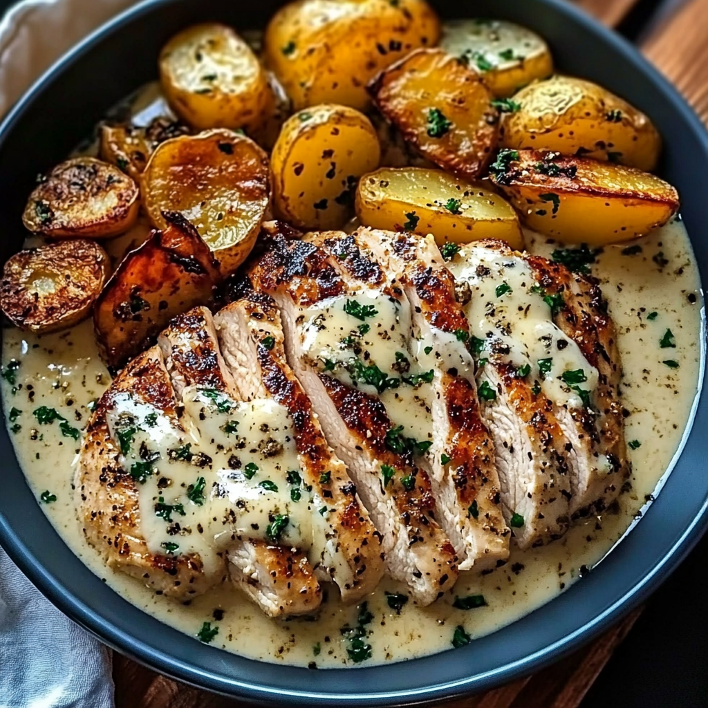Double Parmesan Garlic Chicken Alfredo with Crispy Potatoes & Creamy Truffle Mushroom Pesto