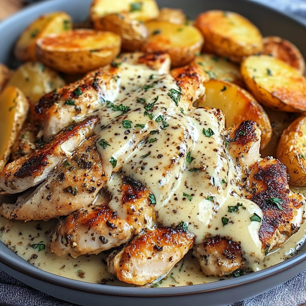 Double Parmesan Garlic Chicken Alfredo with Crispy Potatoes & Creamy Truffle Mushroom Pesto