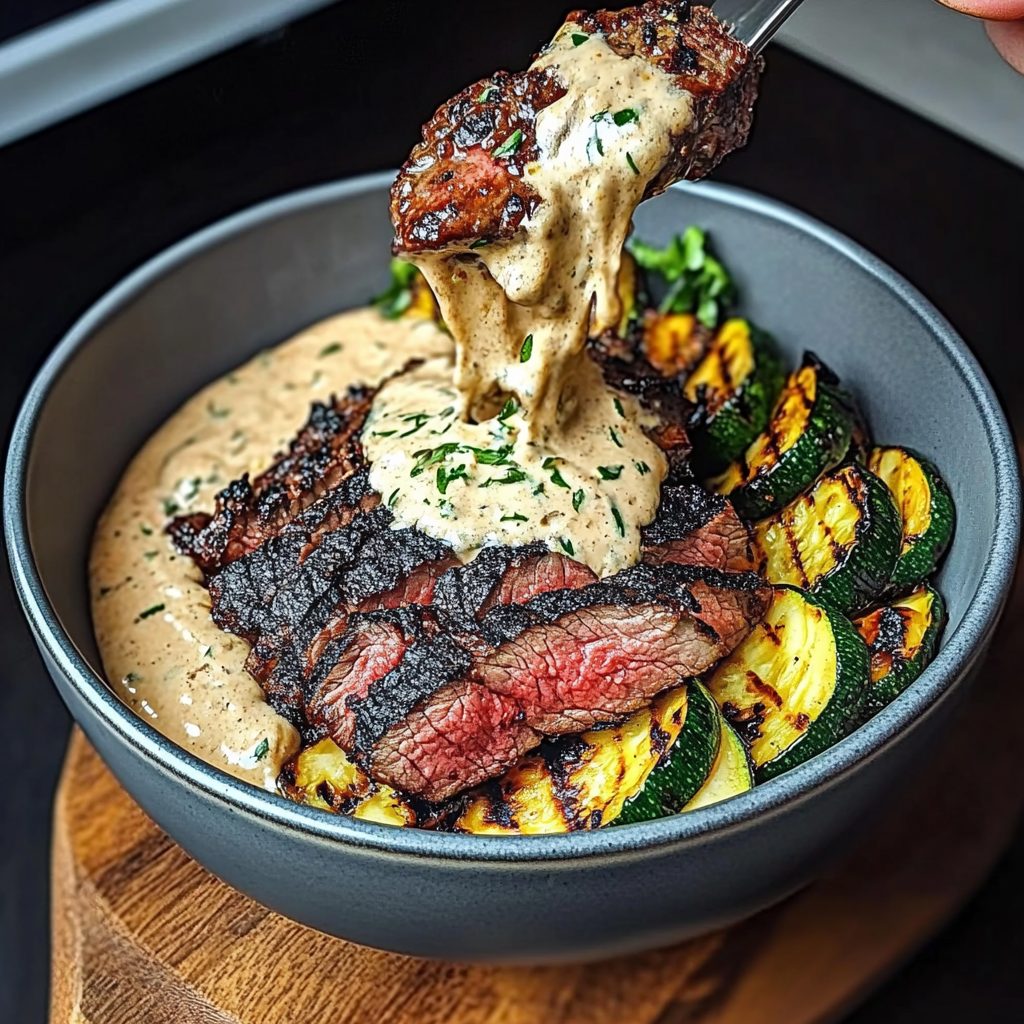 Grilled Steak Bowl with Creamy Sauce & Grilled Zucchini