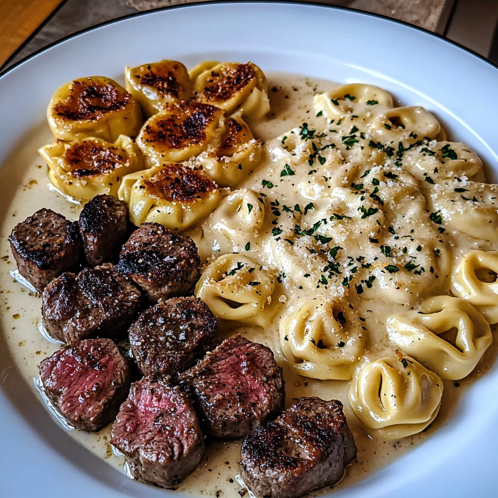 Three-Cheese Tortellini Alfredo with Sautéed Garlic Steak Bites