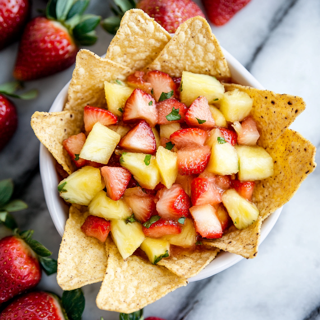 Strawberry Pineapple Fruit Salsa with Cinnamon Tortilla Chips