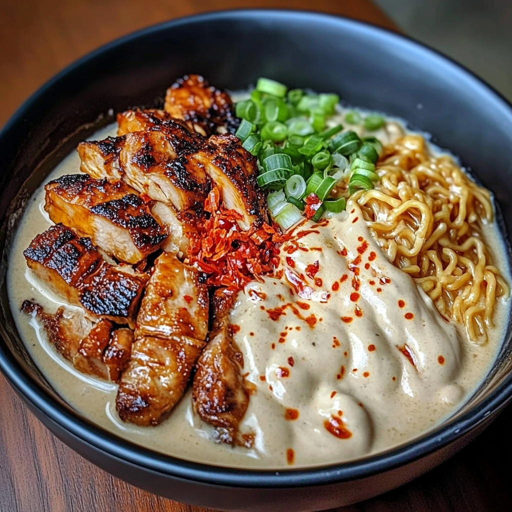 Fiery Chicken Ramen with Creamy Garlic Sauce