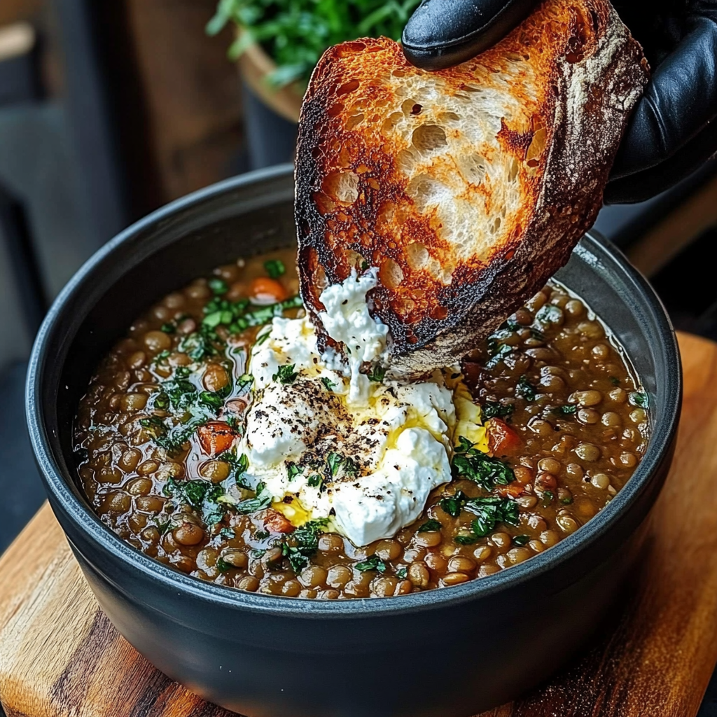French Lentil Soup with Crispy Bread and Feta
