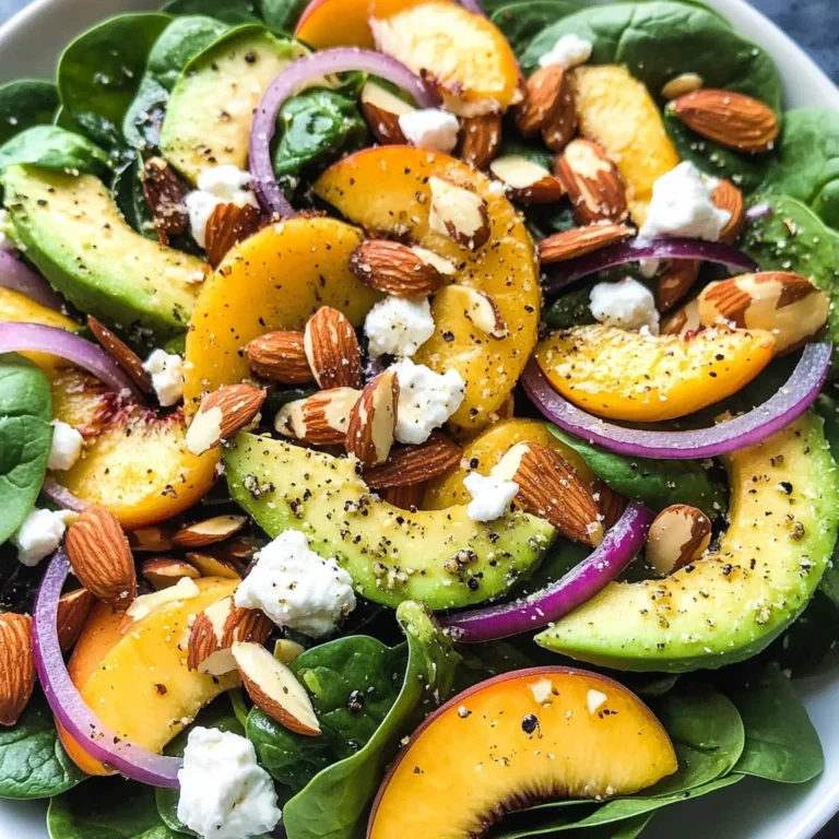 Summer Peach Spinach Salad with Avocado, Toasted Almonds + Goat Cheese