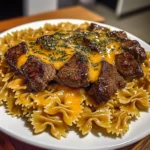 Beef and Bowtie Pasta in Cheddar Sauce
