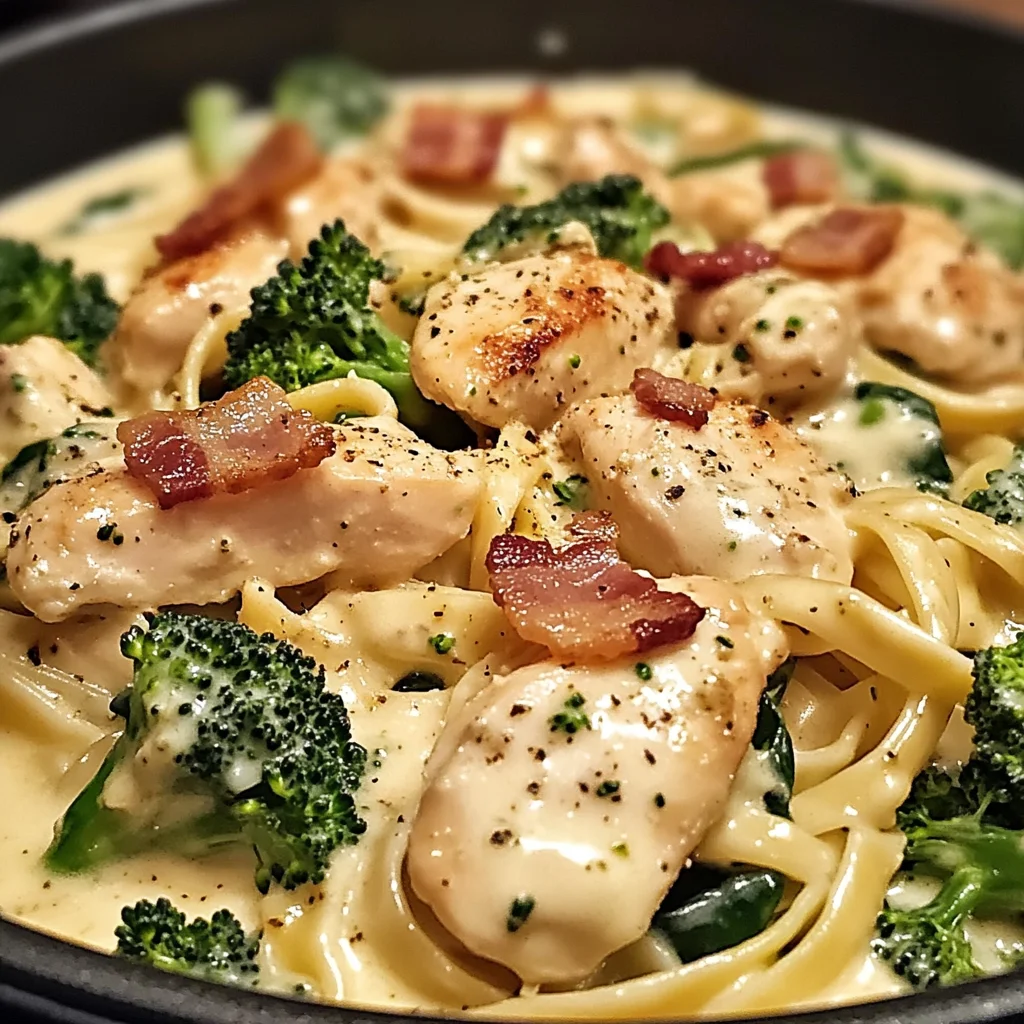Creamy Garlic Butter Chicken Alfredo with Spinach, Bacon & Broccoli