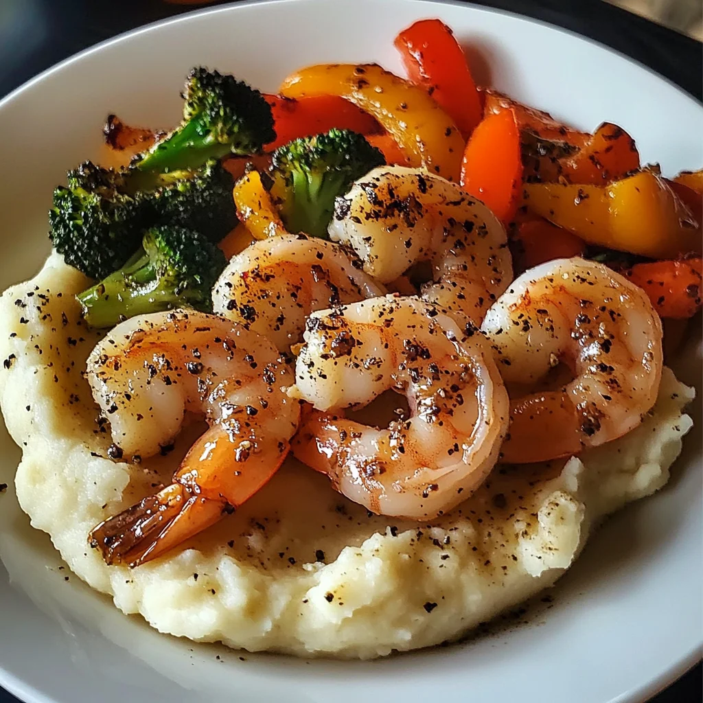 Garlic Butter Shrimp with Sautéed Veggies & Creamy Mashed Potatoes