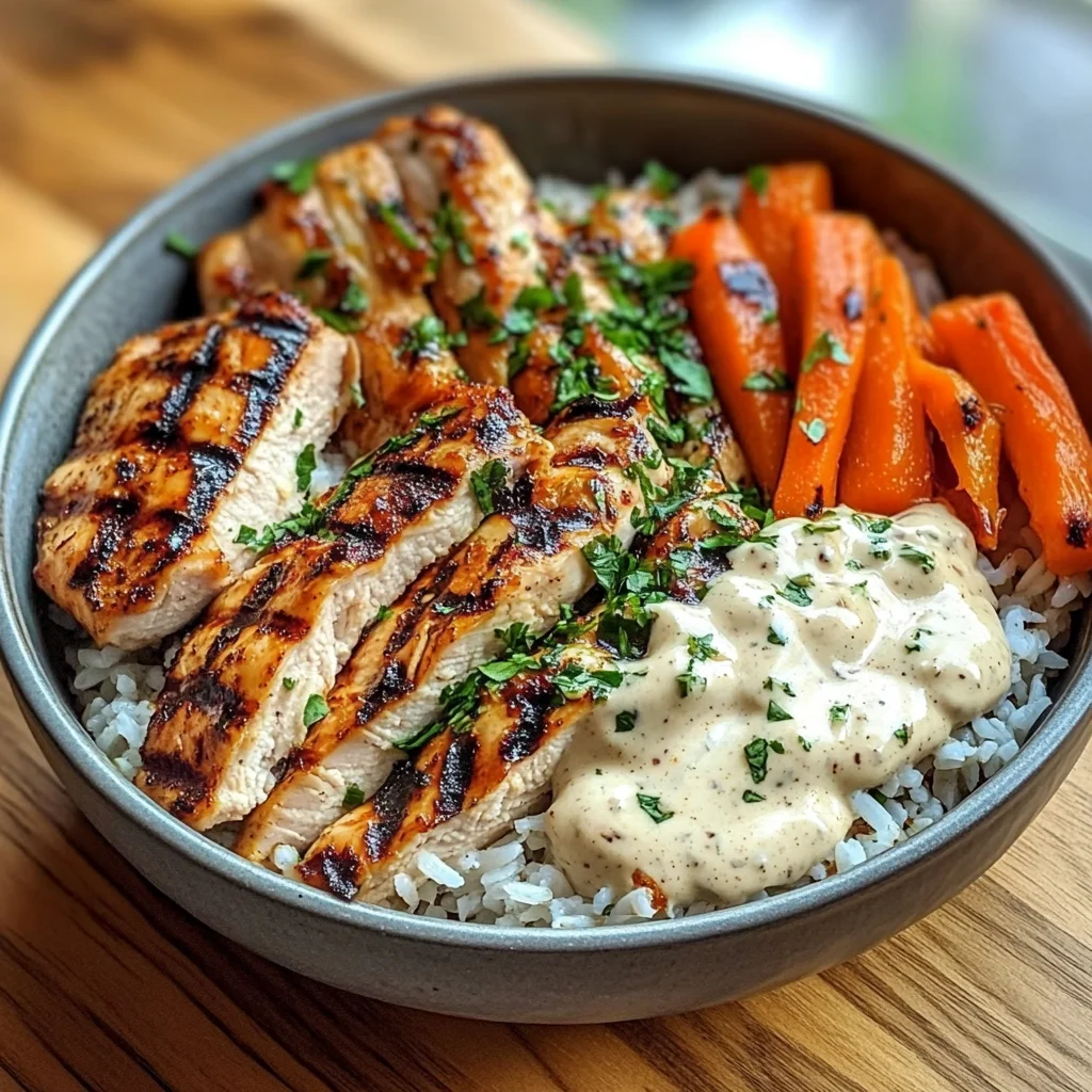 Grilled Chicken Bowl with Herbed Rice, Glazed Carrots & Creamy Sauce