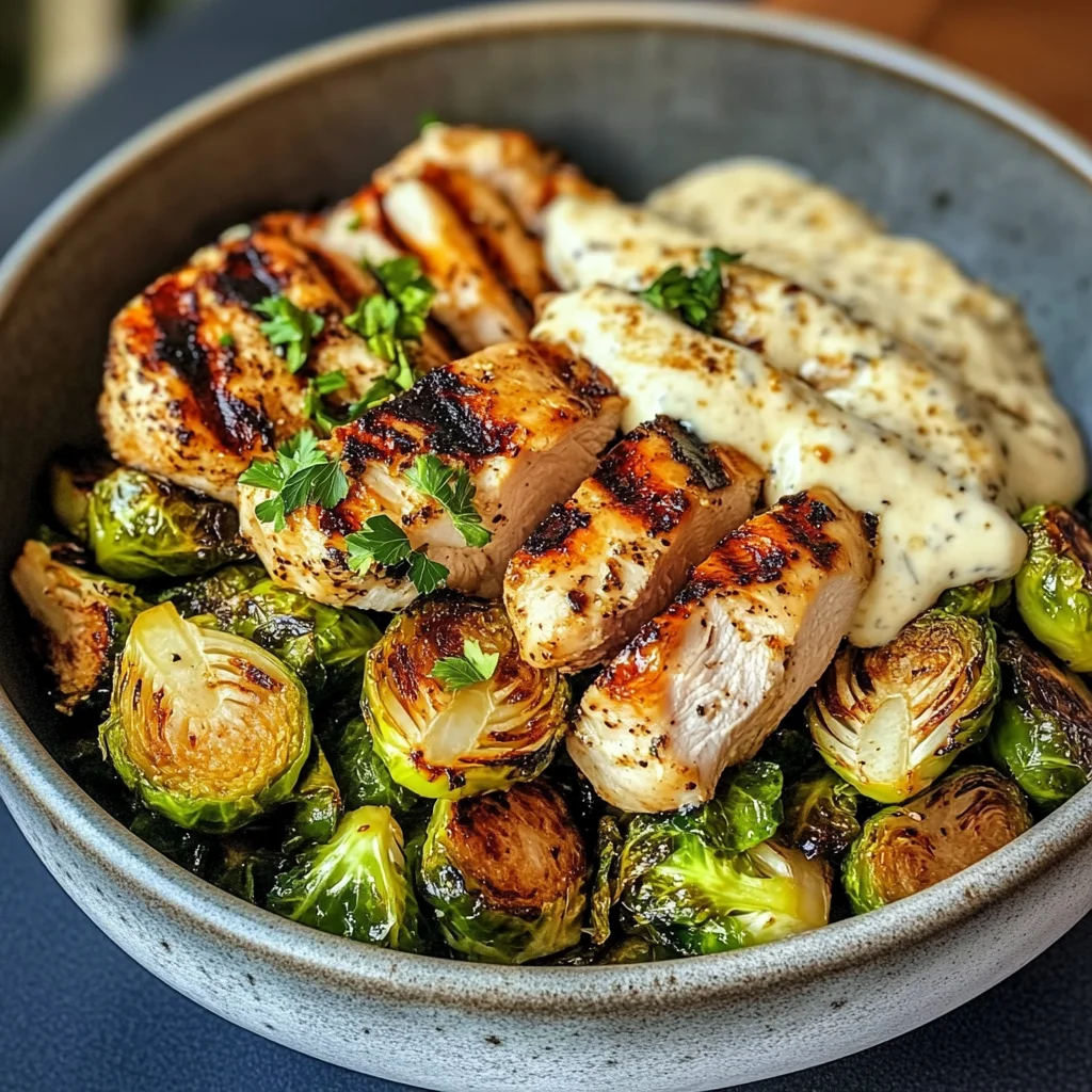 Grilled Chicken & Brussels Sprouts Bowl with Creamy Garlic-Parmesan Sauce