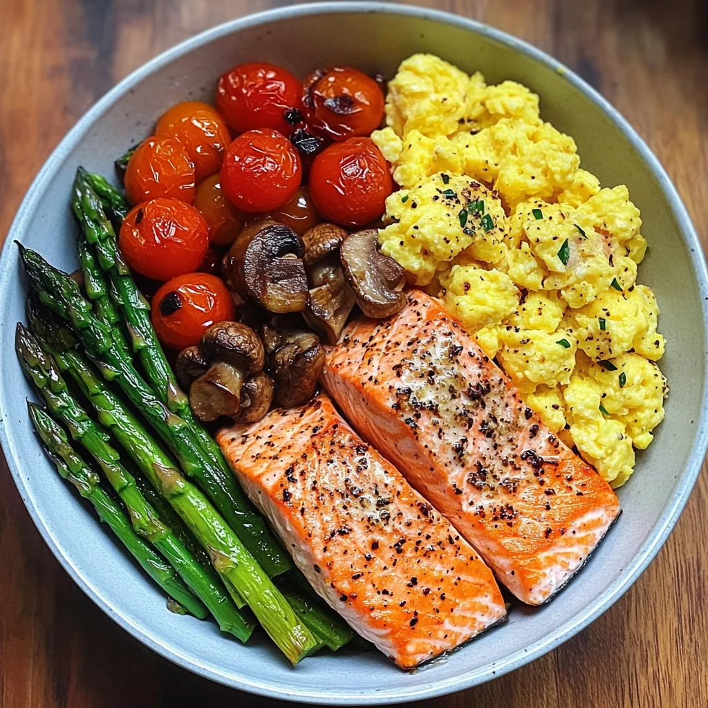 Salmon Power Bowl with Scrambled Eggs, Asparagus & Sauted Mushrooms