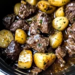 crockpot garlic butter beef bites with potatoes