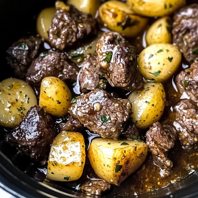crockpot garlic butter beef bites with potatoes